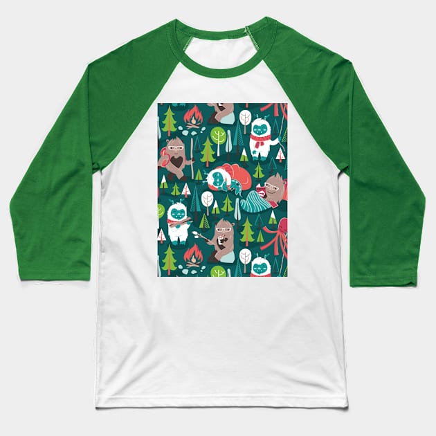 Besties // pattern // green background white Yeti brown Bigfoot aqua yellow green and teal pine trees red and coral details Baseball T-Shirt by SelmaCardoso